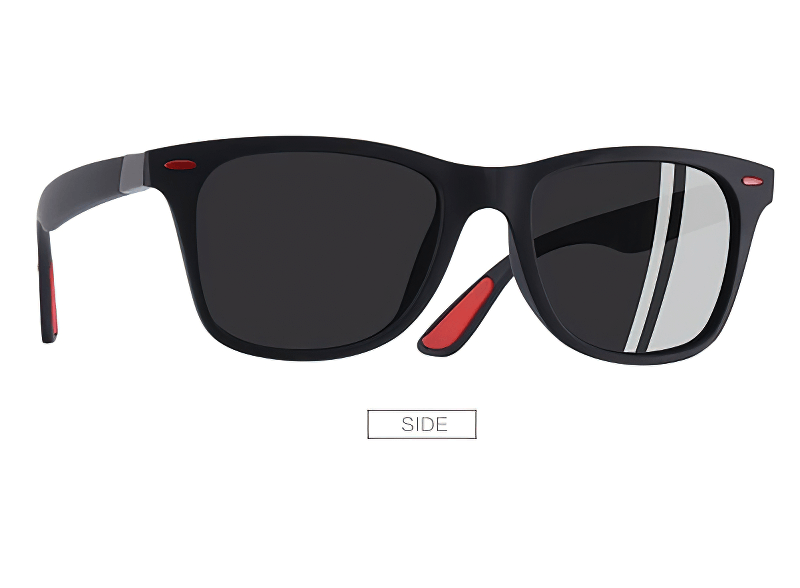 Side view of square ultralight polarized sunglasses SF0950 with black and red trim, UV400 protection for men and women.